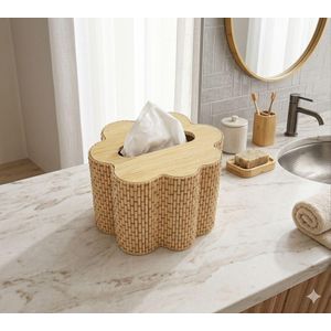 Boîte à Mouchoirs Artisanale en Bambou Naturel - Design Forme Fleur - Décoration Bohème pour Salon et Bureau - Beige Naturel