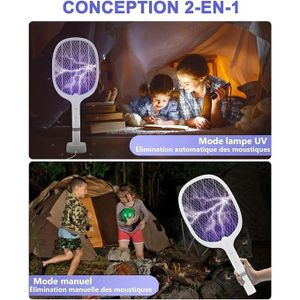 Raquette électrique anti-mouches portable,Rechargable puissant 1200 MAH, lampe anti-moustiques 2 en 1