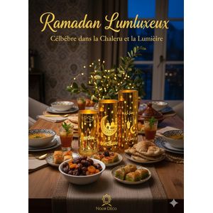 Lot de 3 Bougies LED Cylindriques Ramadan – Motifs Dorés, Décoration Élégante pour Salon, Table d’Iftar et Ambiance Festive