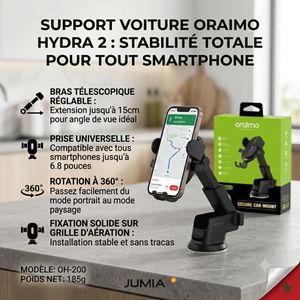 Oraimo Support Téléphone Voiture HYDRA 2 - Fixation Ventouse Gel Ultra-Forte - Bras Télescopique Extensible & Rotation 360° (Tableau de Bord & Pare-Brise)