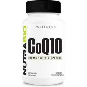 Nutrabio Complément alimentaire CoQ10 avec biopérine, pour une fonction cardiaque saine et une production d'énergie cellulaire, 200 mg - 60 capsules