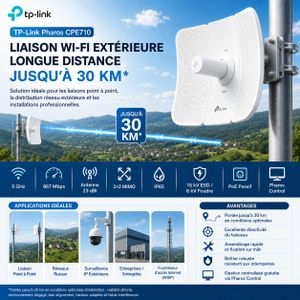 TP-Link Pharos CPE710 CPE Outdoor Professionnel 5 GHz AC867 Mbps Longue Portée Jusqu’à 30 km en Ligne de Vue, Antenne Directionnelle 23 dBi 2×2 MIMO, PtP/PtMP, Port Gigabit, PoE Passif, IP65, Pharos Control