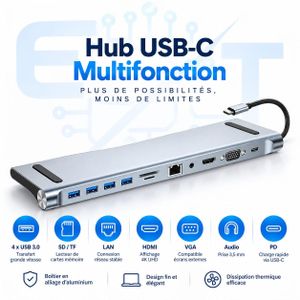 محول USB-C متعدد الوظائف 11 في 1 مع حامل للحاسوب المحمول – 4 منافذ USB 3.0 وHDMI وVGA وLAN وSD/TF وصوت وPD