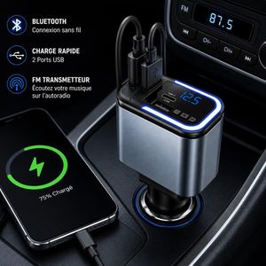 Chargeur Voiture Bluetooth 5 en 1 – MP3 – 180W Max – USB-C & Lightning