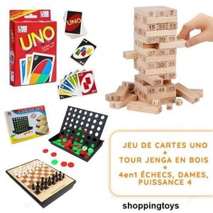 لعبة بطاقات UNO. برج Jenga خشبي. 4 في 1 شطرنج، داما، وكونكت 4