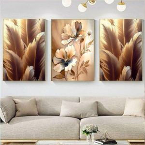 Lot de 3 Tableaux Muraux Plumes Dorées et Fleurs – Décoration Élégante Salon