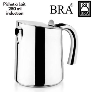 Bra Pichet à Lait Capacité 250 ml En Inox 18/10 Poli Miroir, Mousseur Barista, Bec Verseur Précis, Résistant, Idéal Cappuccino Latte, Pot à lait Compatible Lave-Vaisselle