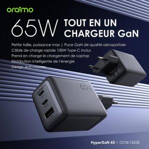 Oraimo Chargeur 65W Hyper GAN Fast Charger, Ultra-Compact, Chargeur Rapide PPS à 3 Ports compatible pour PC, MacBook Pro/Air, iPad Pro, Galaxy S23, Dell XPS 13, Note 20/10+, iPhone 14/Pro, Steam Deck et Plus, + Cable Type-C vers Type-C