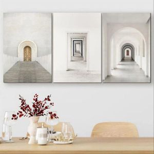 طقم 3 لوحات جدارية بتصميم معماري - أقواس وأبواب بدرجات محايدة، ديكور جداري بسيط