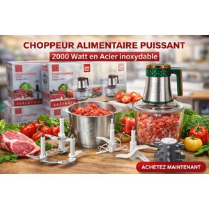 Hachoir Électrique Ultra Puissant 2000W en Acier Inox – Multifonction, Rapide & Durable deux bol inox & verre 