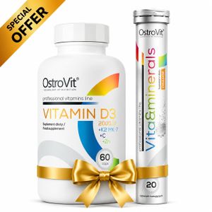 OstroVit Pack vitamin D3 2000 IU + K2 MK-7 + C + Zinc 60 Caps + Vita & Minerals Effervescent 20 Tabs