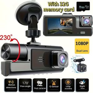 Dash Cam Voiture Triple Caméra Avant + Intérieur + Arrière Full HD 1080P avec Carte Mémoire 32GB – Vision Nocturne, Caméra Recul, Caméra Embarquée Voiture