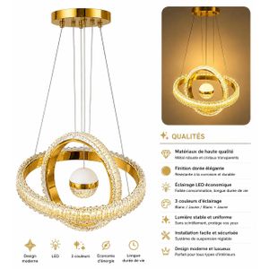 Lampe LED Suspendue Dorée 3 Couleurs – Design Luxe en Cristal