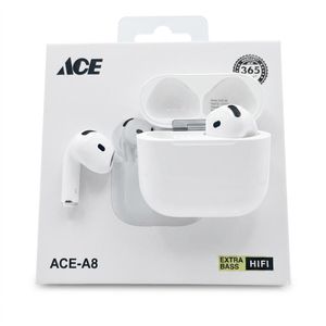 ACE Écouteurs Sans Fil A8 Bluetooth 5.1 TWS Extra Bass HIFI avec Boîtier de Charge - Autonomie 15H - Blanc