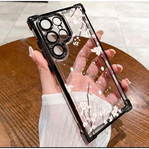 Case Coque Transparente Fleurie pour Samsung Galaxy S25 Ultra – Étui avec Cadre Noir Renforcé, Protection Caméra et Design Fleurs de Cerisier Élégant