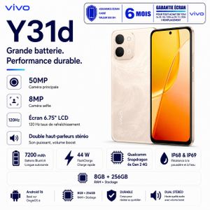 vivo Y31d – OR –  Smartphone – 8 Go RAM / 256 Go Stockage – Processeur Snapdragon 6s Gen 2 4G – Caméra 50 MP – Batterie BlueVolt 7200 mAh – Charge rapide 44W – Écran 6,75" 120 Hz – Certification IP68/IP69 – Haut-parleurs stéréo – Garantie 18 mois