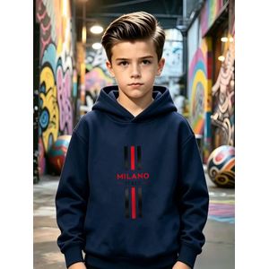 Sweat à capuche décontracté pour garçons Automne Hiver Manches longues MILANO ITALY Milan Italie Imprimé rayé, Haut décontracté, Fibre de polyester légèrement extensible, Convient pour les sorties quotidiennes décontractées, sportives et de rue