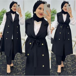 nsemble Femme 3 Pièces Chic et Élégant – Veste Longue Sans Manches, Chemise Fluide et Pantalon en Crêpe – Ref 122 - Noir