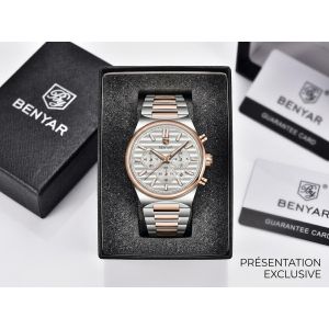Benyar BY-5214D Montre Homme Chronographe Étanche en Acier Inoxydable – Blanc & bronze