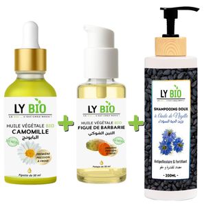 LY BIO PACK HUILE CAMOMILLE 50ML - PIPETTE + HUILE FIGUE DE BARBARIE 50ML - POMPE + SHAMPOOING A L'HUILE DE NIGELLE 200ML