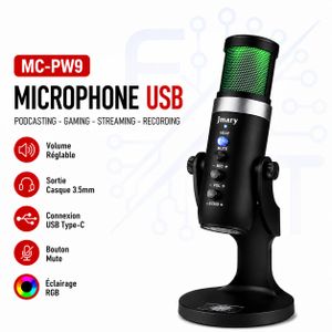 Jmary Microphone USB RGB MC-PW9 avec Réduction du Bruit, Sortie Casque 3.5 mm pour Streaming, Podcast, Gaming et Enregistrement