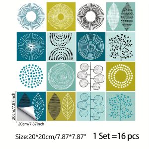 Un lot de 16 fausses carreaux à motif de plantes minimalistes pour la décoration des salons, cuisines, salles de bains et escaliers, avec une surface brillante auto-adhésive et amovible.