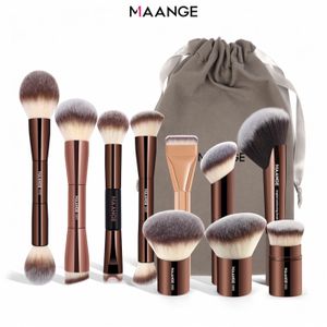 Maange Kit Pinceaux Maquillage Professionnel 10 Pièces avec Pochette – Pinceaux Visage Fond de Teint Poudre Contouring – Manche Aluminium Café Or