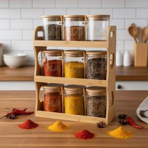 Rangement 9 pièces -organisateur à boîtes à épices - -ceuilleres en porcelaine -Bambou - 9 boîtes hermétiques - Capacité 400 ml - Écologiques - Design contemporain 27/37 cm