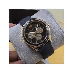 Montre Femme Sport Chic Cadran Noir Sertie Bracelet Silicone - Noir et Or Rosé