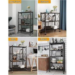 رف قابل للطي على عجلات، رف معدني بأربعة مستويات، تخزين متنقل للمطبخ، غرفة المعيشة، المرآب، رف قابل للطي متين بدون تركيب، رف متعدد الاستخدامات على عجلات