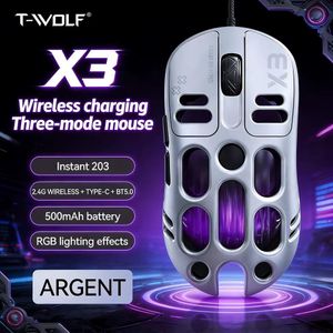 T-Wolf Souris de jeu sans fil silencieuse rechargeable X3 à trois modes pour le jeu eSport RGB respirant, mécanique, avec programmation de macros avec capteur Instant 203, 6 boutons 12000 DPI réglables pour ordinateur portable