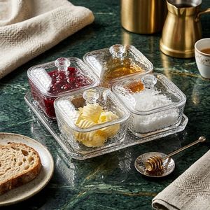 presentoir avec 4 boites en verres et Couvercles  300 lm – Idéal pour Fruits Secs, Apéritifs et Tapas – Design Transparent Élégant.