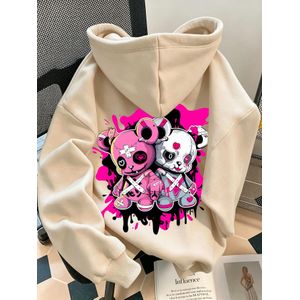 Sweat à capuche avec cordon de serrage mode urbaine automne/hiver, imprimé ours jumeaux sombres, graffiti de rue américain + style sombre doux et cool. Doté d'une capuche avec cordon de serrage et d'une poche kangourou avant pour un port confortable par