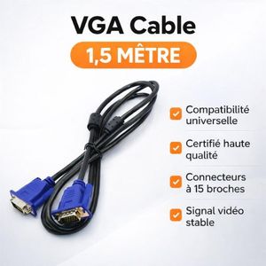 Câble VGA 1.5m Mâle-Mâle 15 Broches – Câble Vidéo PC Écran Projecteur HD 
