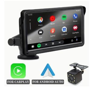 Lecteur multimédia portable HIPPCRON pour voiture, compatible avec Carplay et Android Auto sans fil, avec écran tactile 7 pouces avec pare-soleil, lecteur vidéo radio de voiture et navigateur, avec options sans fil, Type-C, AUX, Mirrorlink, FM