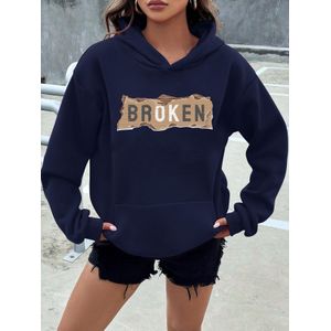 Sweat à capuche vintage pour femme avec motif graphique "BROKEN" effet vieilli - Pull décontracté et ample avec poches, lavable en machine, doux et confortable, couleur marron avec lettrage, sweat à capuche décontracté   Sweat à capuche coupe décontract