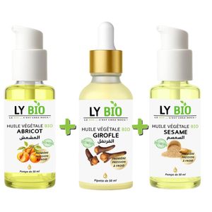 LY BIO PACK HUILE ABRICOT 50ML - POMPE + HUILE GIROFLE 50ML - PIPETTE + HUILE SESAME 50ml - POMPE