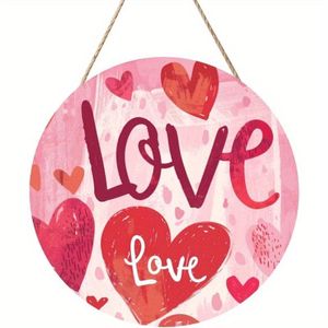 Panneau de Bienvenue en Bois Cœur Rose Charmant 2D Plat - 11,8 pouces Plaque Murale Ronde avec le Mot 'Amour', Parfait pour la Saint-Valentin, les Fêtes de Pendaison de Crémaillère et la Décoration de Porte d'Entrée, Fabriqué à la Main avec une Surface 