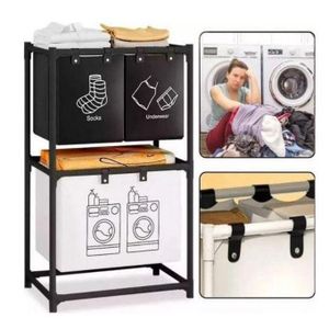 Panier à Linge Multifonction à 3 Niveaux – Étagère de Rangement Double avec Paniers Amovibles et Structure Métallique pour Salle de Bain ou Chambre