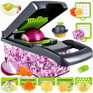 Hachoir Coupe Légumes Multifonction avec Bac Récupérateur – Râpe légumes fruits et fromages manuelle, Trancheuse et Découpe en Dés