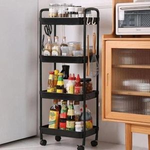Étagère de rangement sur roulettes en 4 étages, conçue pour être utilisée dans divers espaces comme la cuisine, le salon ou le garage.
