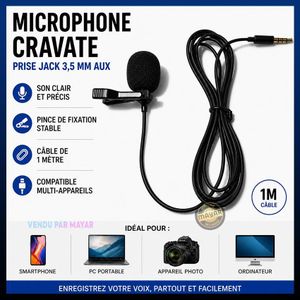 Microphone Cravate Filaire Jack 3,5 mm AUX – Câble 1 m – Micro Clip-On pour Smartphone, PC Portable et Appareil Photo – Enregistrement Audio Clair