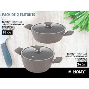 PACK 2 FAITOUTS Marmite Sauteuse Batterie en Granit 24/28cm Haute/Basse + Couvercle en verre Trempé