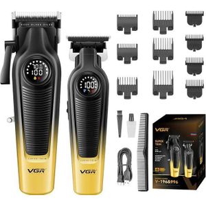VGR  Ensemble de tondeuse à cheveux professionnelle, kit de coiffure sans fil avec lame revêtue de céramique et de titane, tondeuse à cheveux professionnelle pour hommes avec écran LED, 10 sabots de guidage et 1 peigne
