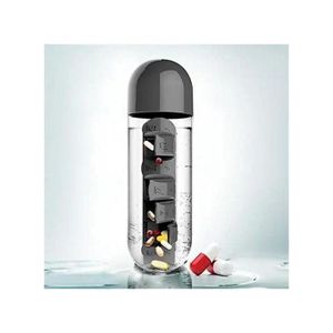 Boîte à Pilules Portable Bouteille d'eau portable 2 en 1 avec pilulier 7 jours pour les voyages et les médicaments 600 ml (Gris)