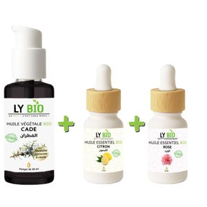 LY BIO PACK HUILE CADE 50ML - POMPE + HUILE ESSENTIEL CITRON 10ML + HUILE ESSENTIEL ROSE 10ML