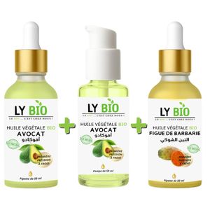 LY BIO PACK HUILE AVOCAT 50ml - PIPETTE + HUILE AVOCAT 50ml - POMPE + HUILE FIGUE DE BARBARIE 50ML - PIPETTE