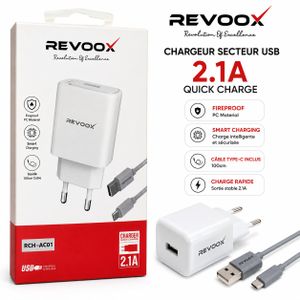 Revoox Chargeur Secteur USB 2.1A avec Câble Type-C – Quick Charge – Smart Charging – 100 cm