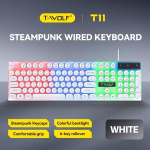 T-Wolf Clavier Gamer Rétro Steampunk - Édition Blanche Élégante - Touches Rondes Vintage - RGB Multicolore