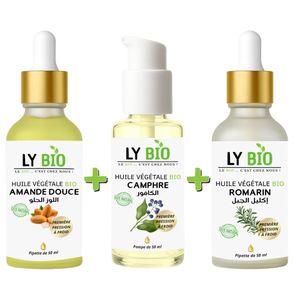 LY BIO PACK HUILE AMANDE DOUCE 50ML - PIPETTE + HUILE CAMPHREE 50ML - POMPE + HUILE ROMARIN 50ml - PIPETTE